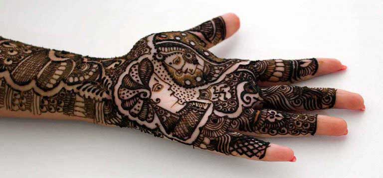 Black traditional mehndi design with bride and groom art