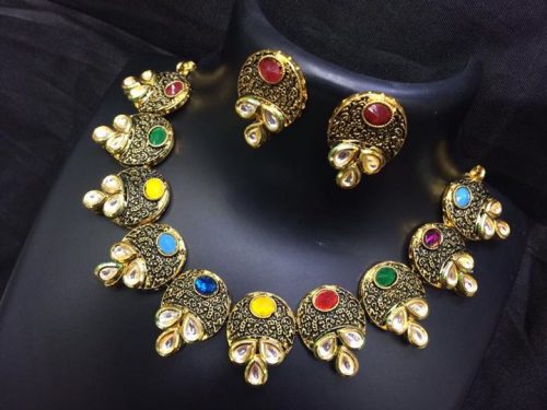 Stylish stone studed gold necklace