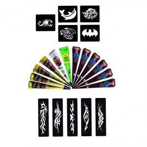 Wonder Care Mehndi Hena Cone with 10 Pieces Stencil Set (Maroon, White and Green)
