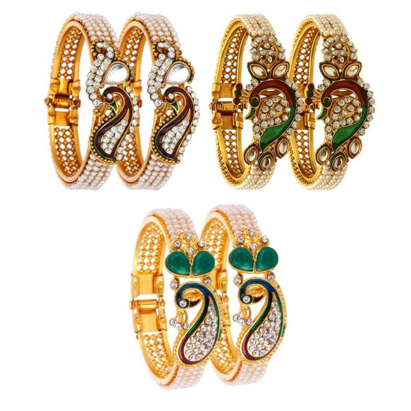 Zeneme Dancing Peacock Multicolour Gold Plated Bangles Set for Women(Set of 3)