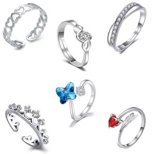 Om Jewells Cz Jewellery Combo of 6 Rhodium Plated Brass Red Adjustable Party Wear Finger Rings Crafted for Women