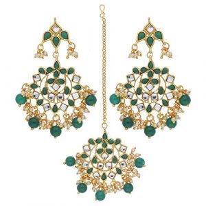 I Jewels Traditional Green Gold-Plated Pearl and Kundan Maang Tikka with Earring Set for Women and Girls