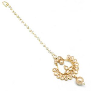 Chand Bali Shaped Maang Tikka Decorated with American Diamond & Pearl Drops
