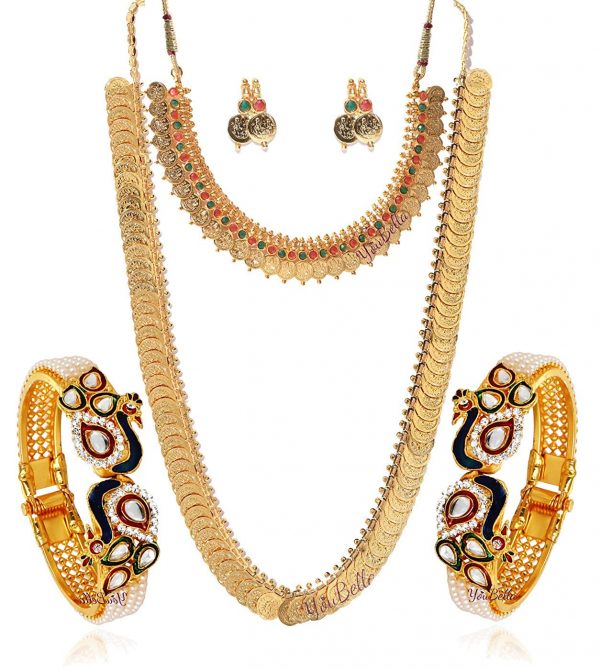 YouBella Gold Plated Pearl Studded Bangles Jewelry, Long Maharani Temple Coin Necklace, Short Red Green Necklace and Earrings for Women