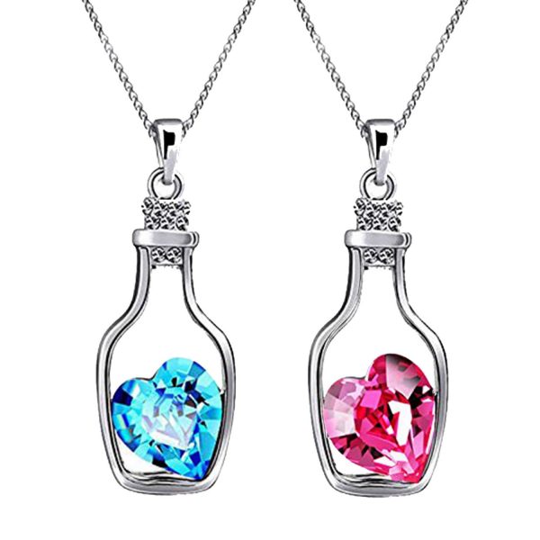 Oviya Rhodium Plated Combo of 2 Pink and Blue Crystal Heart Bottle Pendant for Women